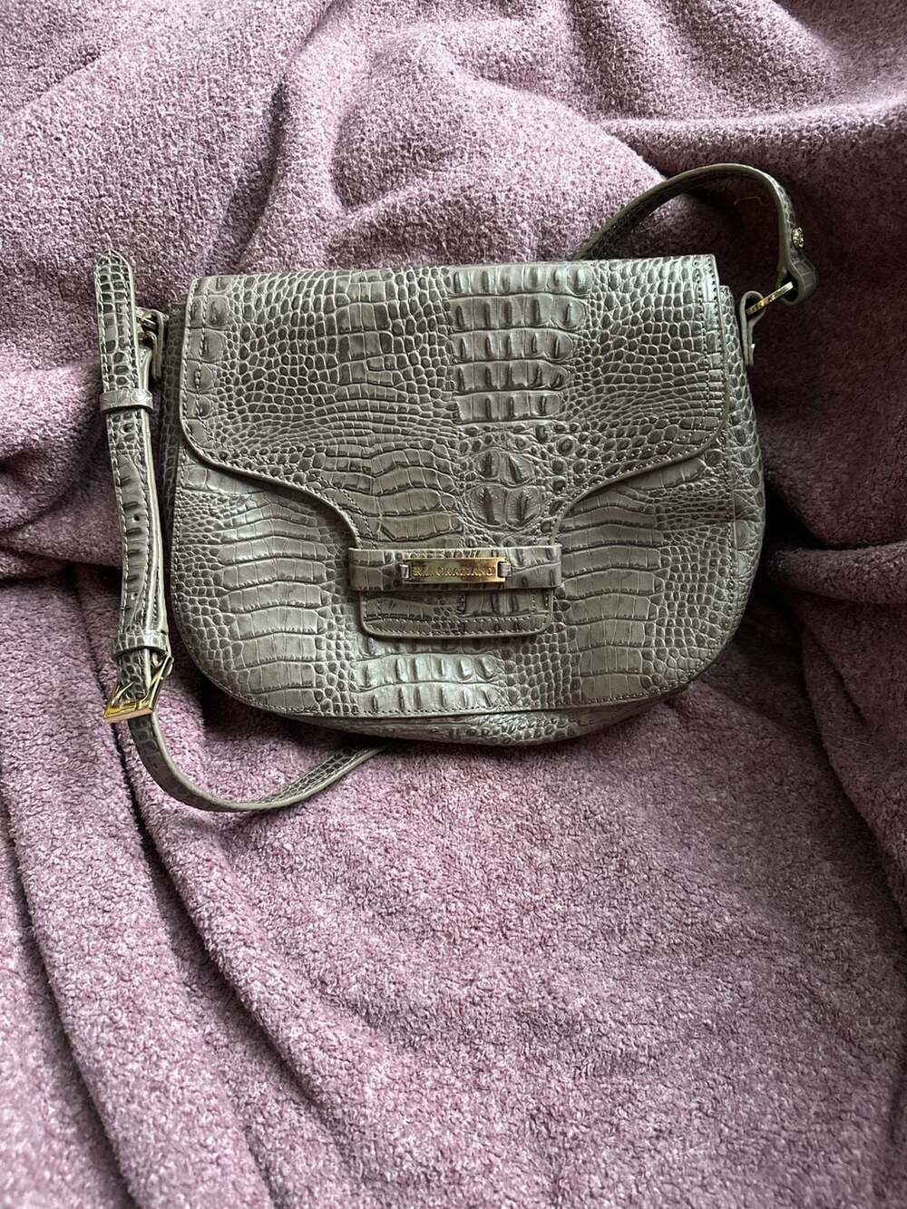 R.J. Graziano Croco Embossed Taupe Saddle Crossbody Bag